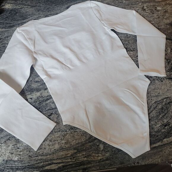 Square Neck Long Sleeve Bodysuit Top White Fitted Casual Layering Basic - Picture 2 of 4